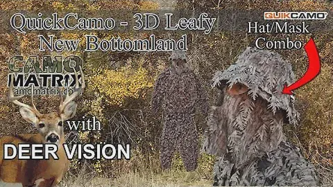 QuickCamo 3D Leafy Suit in Mossy Oak New Bottomland on 14 backgrounds in deer vision & Hat/Facemask